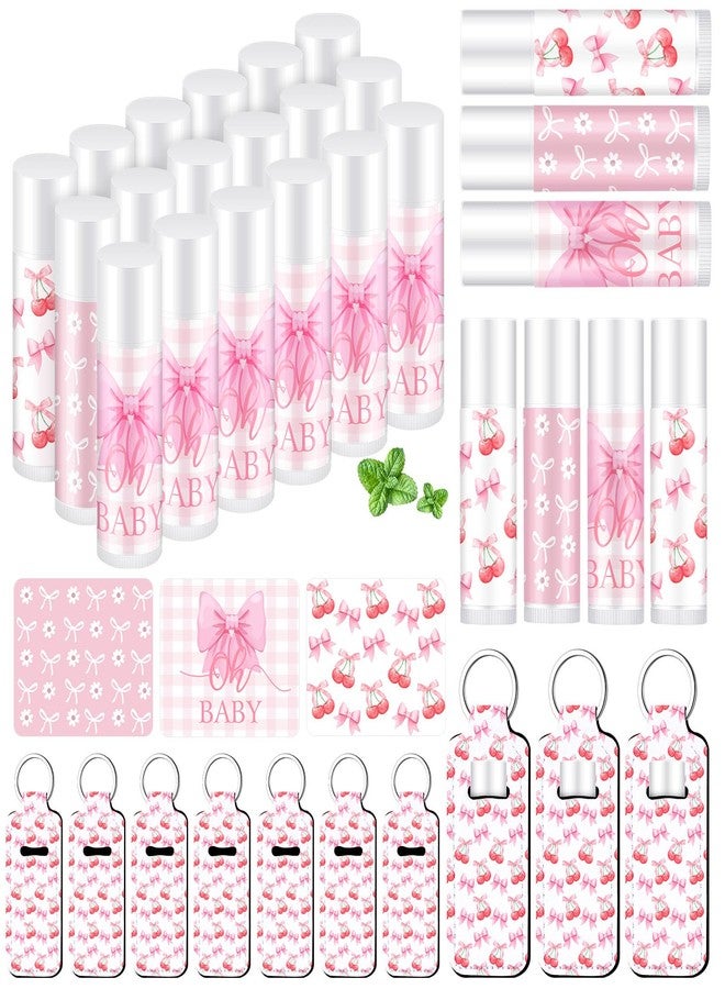 Swiffen 36 Pcs/18 Set Pink Coquette Bow Baby Shower Favors for Guest Cherry Daisy Bow Lip Balm and Holder Keychain Bulk Thank You Gifts Gender Reveal Return Gifts for Souvenirs Prizes Baptism Parties - Image 1